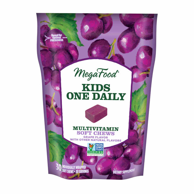 MegaFood Kids One Daily Multivitamin Soft Chews in grape flavor provide nutritional support with antioxidant vitamins. The purple package, featuring grapes, highlights its non-GMO verification and contains 30 individually wrapped chews for daily health benefits.