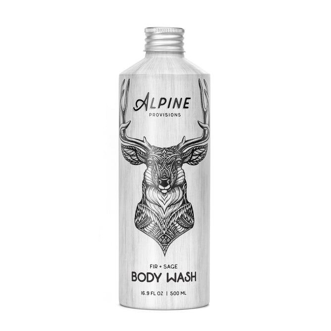 The 500 ml silver bottle from Alpine Provisions showcases an ornate deers head illustration and contains Alpine forest body wash crafted with natural ingredients and fir-sage essential oils.