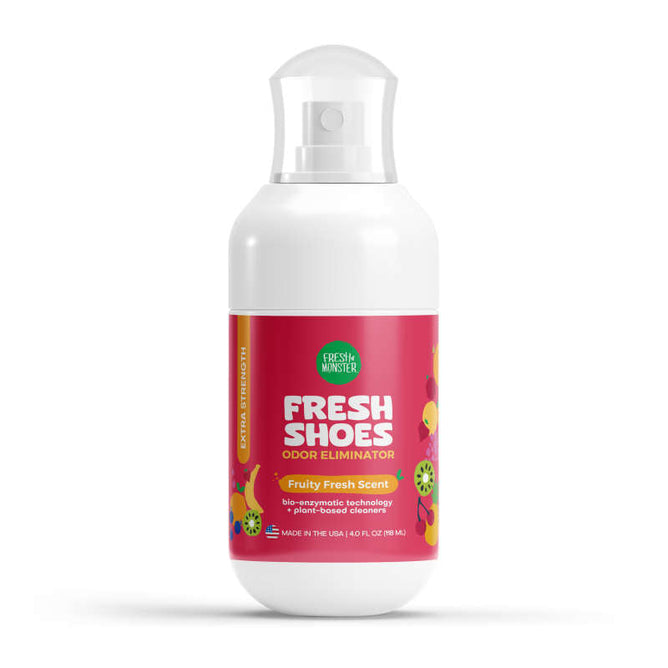 The Deodorizing Shoe Spray by Fresh Monster features a red label with colorful fruit graphics against a white background. It uses bio-enzymatic technology and plant-based enzymes to provide a fruity fresh scent, contained in a 4 fl oz bottle.
