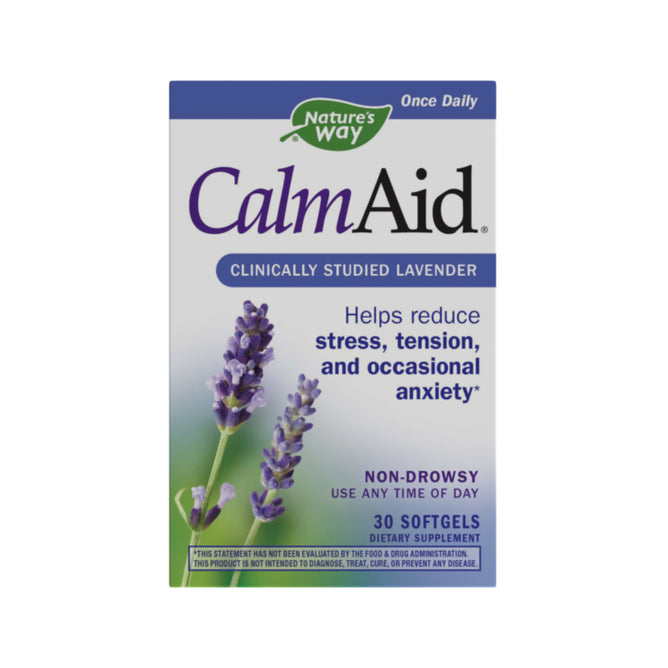 Image of Natures Way CalmAid®. Text reads: Clinically Studied Silexan helps reduce stress, tension, and occasional anxiety. Non-drowsy lavender oil formula. Use any time. 30 softgels. Dietary supplement.