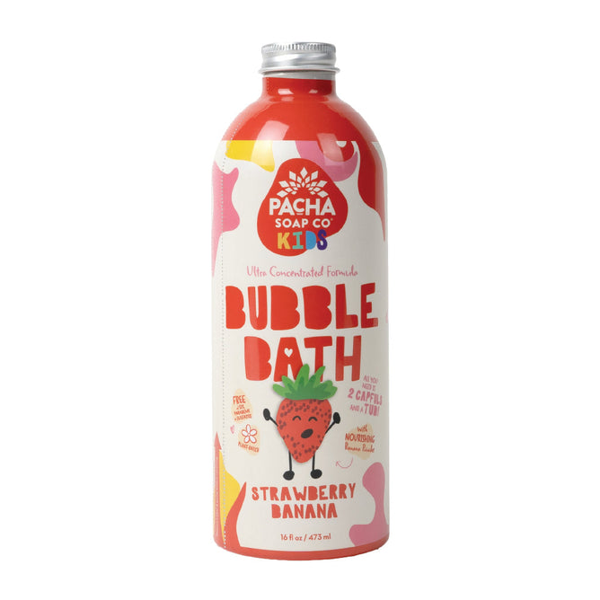 The Pacha Soap Co. Ultra Concentrated Kids Bubble Bath offers a Strawberry Banana scent in a colorful 16 fl oz (473 ml) red, white, and pink bottle featuring playful fonts and cartoon strawberry art. Its crafted with non-toxic, kid-safe formulas for worry-free bath time fun.