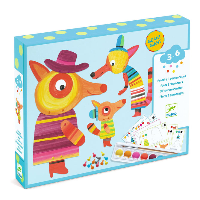 The DJECO The Fox Family Watercolor Paints features three cartoon foxes in hats and scarves. This FSC® certified art kit for ages 3-6 includes paint, brushes, and cards. Labeled Géant Giant.