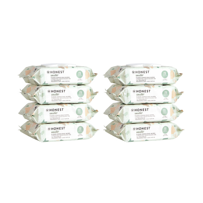 Eight packages of Grove Collaborative baby wipes are stacked in two columns. The packaging is light green and white, featuring the brands logo and various natural illustrations.