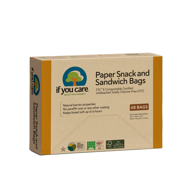 The brown If You Care Unbleached Paper Sandwich Bags (VIP Discount) box contains 48 FSC-certified, compostable bags that offer a plastic-free, sustainable, and eco-friendly option for natural food storage.