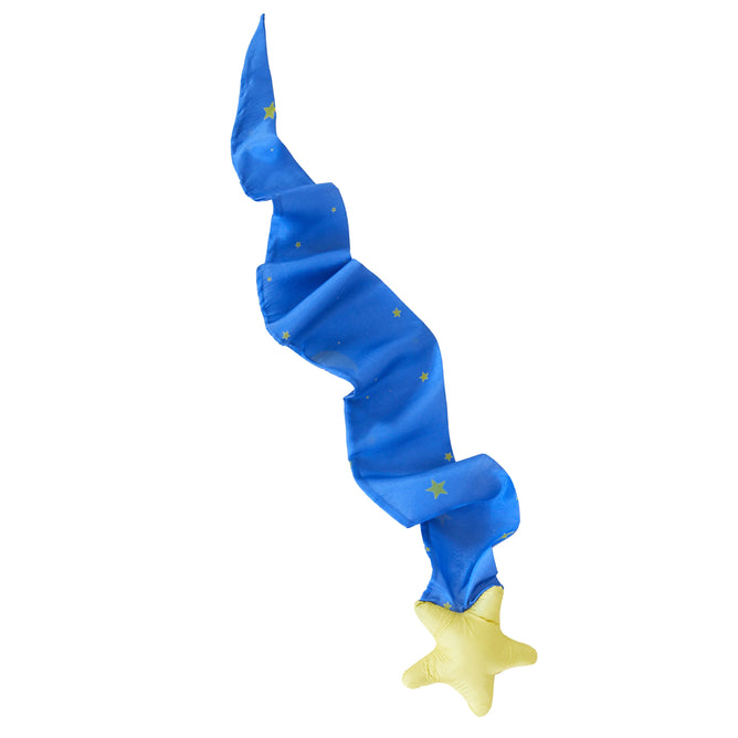 A wavy blue ribbon with small yellow stars and a star-shaped end, embodying the motion of Sarahs Silks Skytail, looks like a magic wand or shooting star on a white background.