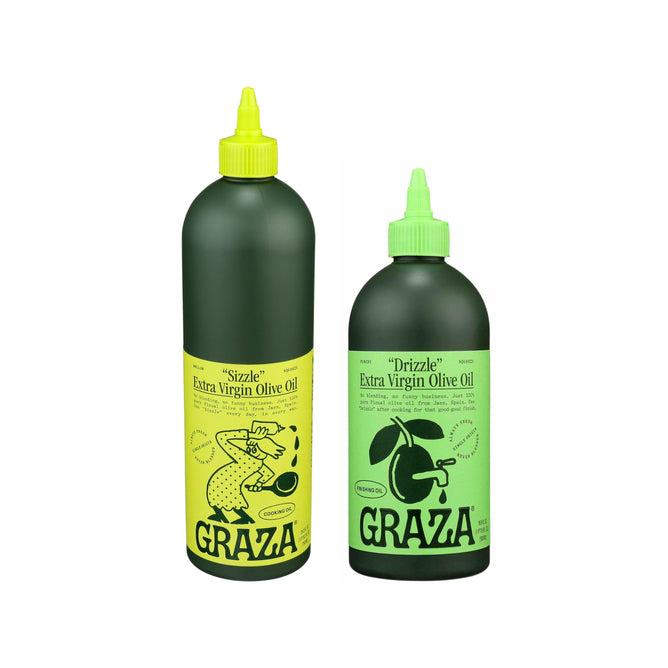Introducing Grazas Olive Oil Starter Set, featuring the Sizzle Extra Virgin Olive Oil in a large yellow-labeled bottle and the Drizzle EVOO in a smaller green-labeled one. Both bottles have green caps, making them perfect for your culinary adventures.