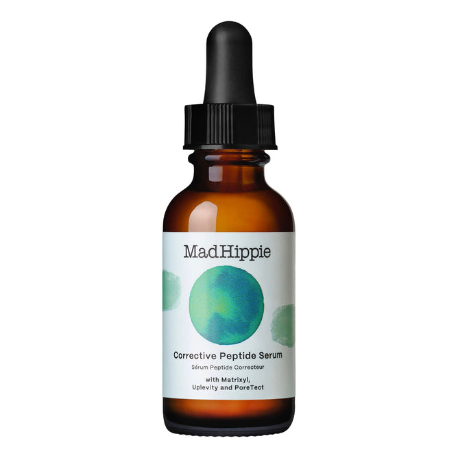 The Mad Hippie Corrective Peptide Serum comes in a brown glass dropper bottle with green and blue abstract circles. It is designed to target wrinkles and sagging skin, featuring Matrixyl, Uplevity, and PoreTect for effective results.