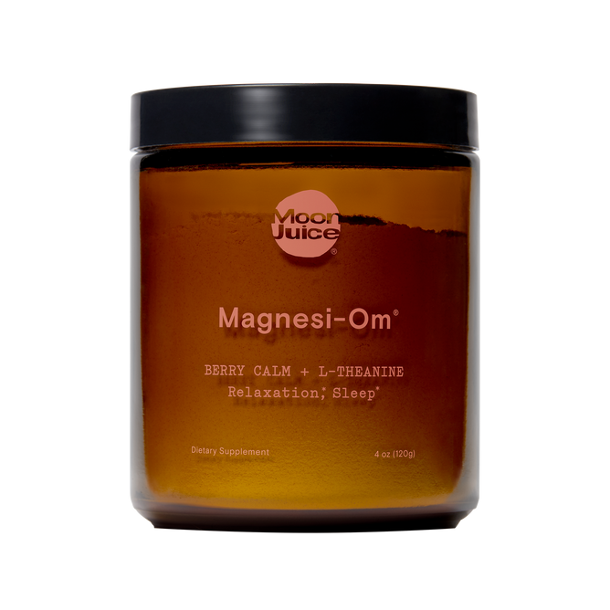 A Moon Juice product, Magnesi-Om, is a brown glass jar with a black lid. It contains 4 oz (120 g) of magnesium supplement labeled for relaxation, brain health, and sleep with Berry Calm + L-Theanine.