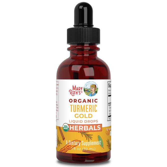 MaryRuths Turmeric Gold Drops, in a 30 mL amber bottle with a black dropper cap, supports immunity. The label displays turmeric imagery, HERBALS, A Dietary Supplement, and a USDA Organic seal.