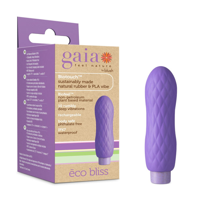A purple, textured personal massager is beside its eco-friendly packaging, highlighting features like vibrating modes, natural rubber, deep vibrations, rechargeable power, body-safe materials, and a phthalate-free design. The Blush Gaia brand name is prominently displayed on the Eco Bliss product.