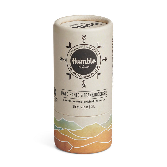 Humble Brands Aluminum Free Deodorant comes in a cylindrical container with botanically based Palo Santo & Frankincense scents. Its presented in beige eco-friendly packaging with minimalist design and blue, green, and orange stylized waves near the bottom.