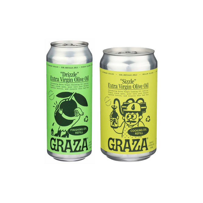 Grazas Olive Oil Refill Set includes two cans: the green Drizzle can with an olive graphic, suited for refills, and the yellow Sizzle can with a chef illustration, perfect for high-heat cooking.
