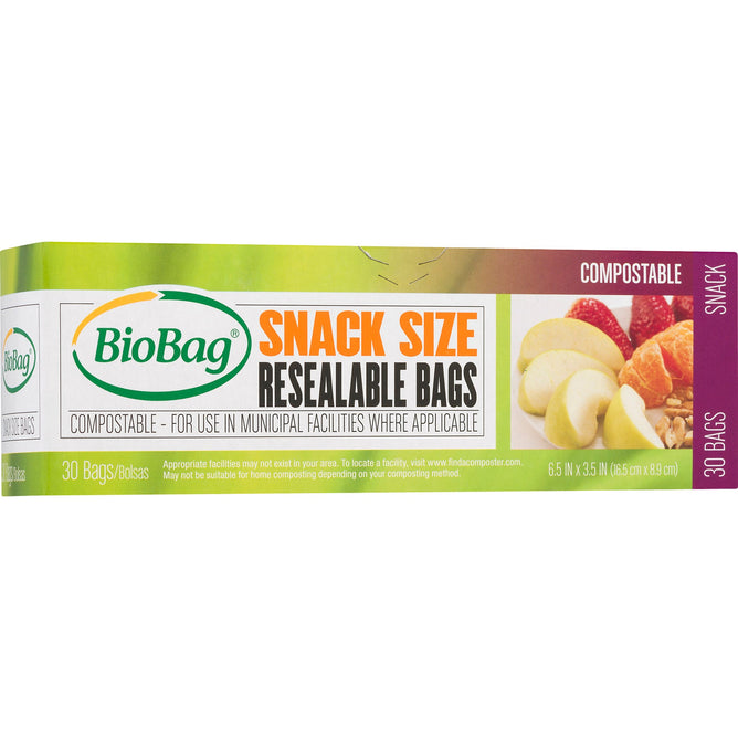 The BioBag Resealable Snack Bags box features eco-friendly, compostable branding and contains 30 snack-sized bags measuring 6.5 x 3.25, ideal for sliced apples, with text noting suitability for municipal composting where applicable.