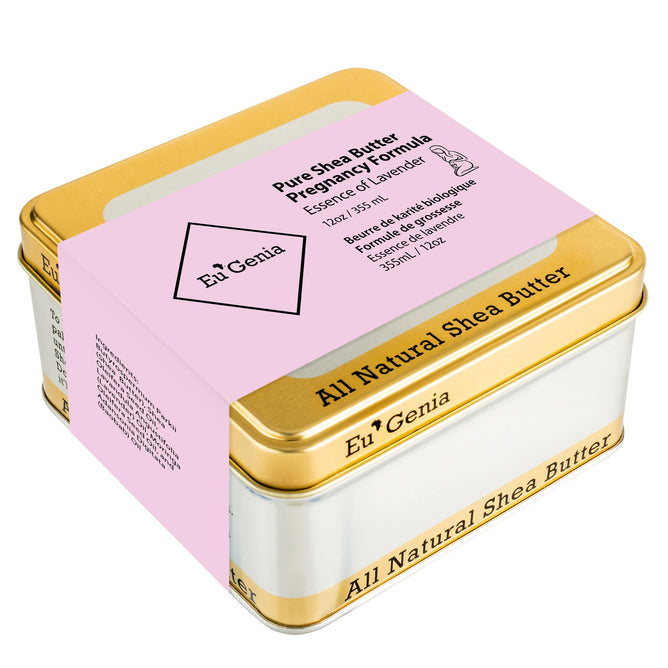 EuGenia Sheas Pregnancy Strength comes in a 12 oz square tin with a beige and gold design, labeled All Natural Shea Butter. Wrapped in pink paper and infused with lavender essence, it helps reduce stretch marks.