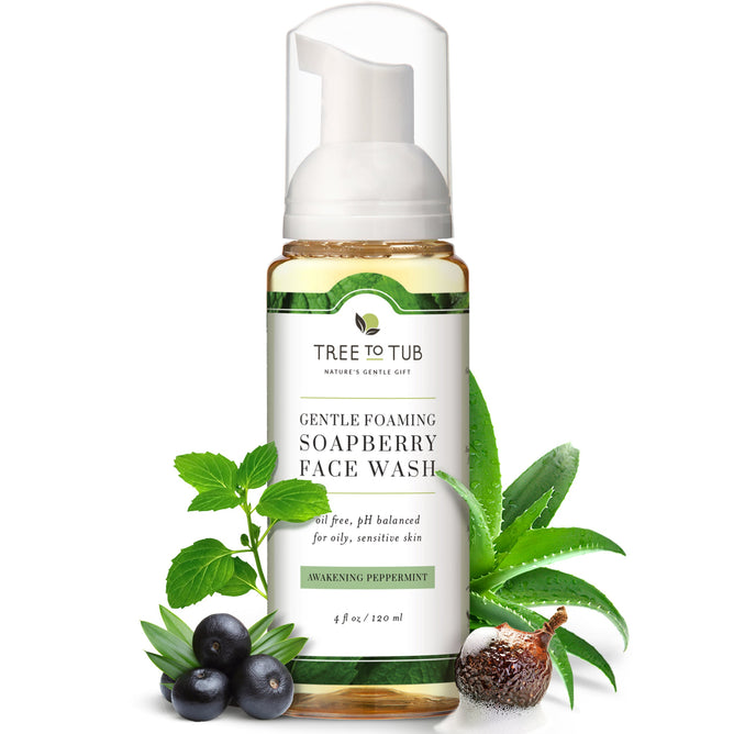 Experience Tree To Tubs Balancing Tea Tree Face Wash for Oily Skin, equipped with a foaming pump. This oil-free, pH-balanced wash revitalizes oily, sensitive skin using soapberries, peppermint, mint leaves, aloe vera, and water.