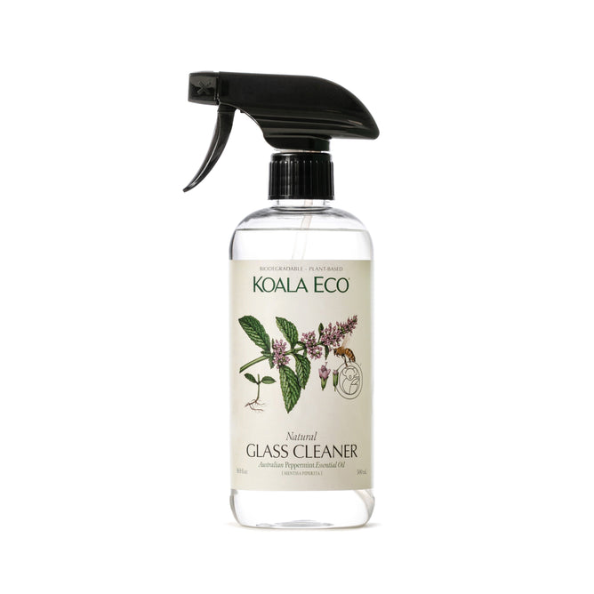 The Koala Eco Natural Glass Cleaner comes in a 500ml clear spray bottle with a trigger nozzle, featuring a label with Australian peppermint and a koala logo. Its biodegradable, plant-based, and infused with Australian essential oils for effective cleaning.