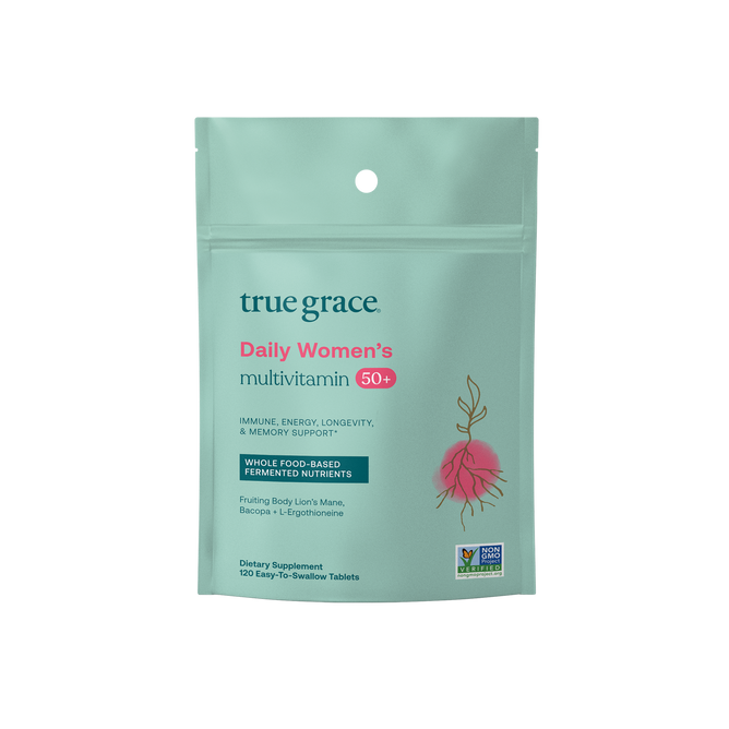 A teal true grace Daily Women’s 50+ Multivitamin - Refill Pouch promotes memory and longevity support, featuring whole food-based fermented nutrients like Lions Mane, Bacopa, and L-Ergothioneine for immune and energy benefits.