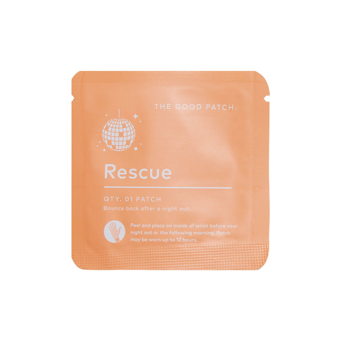 An orange patch package labeled Rescue - Sample by The Good Patch features a small disco ball, states Bounce back after a night out, and includes instructions. This wearable wellness patch uses DHM for sustained release recovery.