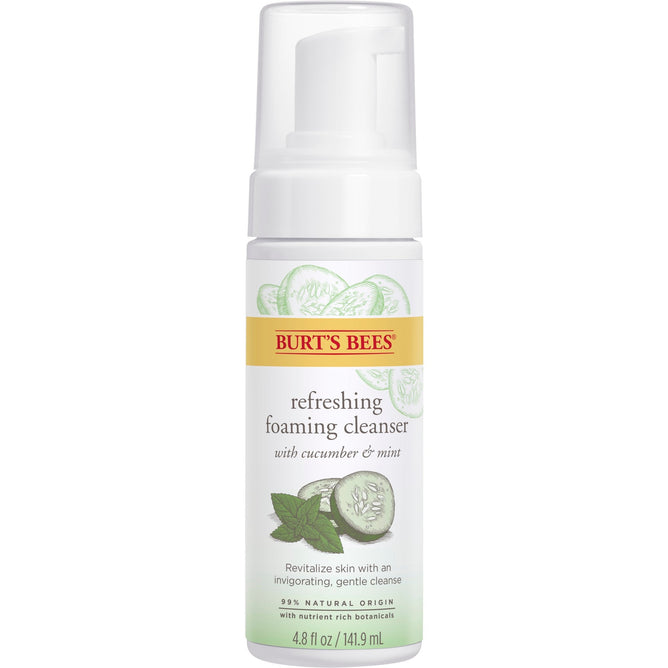Burts Bees Refreshing Foaming Face Cleanser and Natural Face Wash features cucumber and mint, with 95% natural origin ingredients. The label is decorated with cucumber slices and mint leaves, and it comes in a convenient 4.8 fl oz (141.9 ml) size.