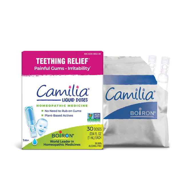 The image features Boirons Camilia packaging, a plant-based homeopathic remedy for teething relief with chamomile. It addresses painful gums and irritability, offering 30 alcohol-free liquid doses and includes a convenient pouch.