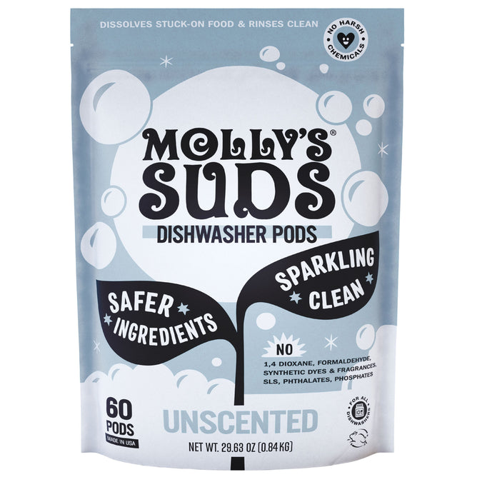 The blue and white packaging of Mollys Suds Dishwasher Detergent Pods features bubbles, Safer Ingredients, Cruelty-Free, and Sparkling Clean. It contains 60 unscented pods and is proudly free from harsh chemicals.