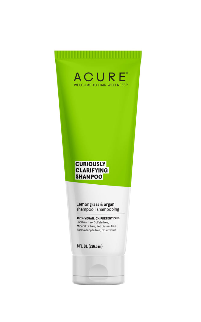 Acures Curiously Clarifying Shampoo comes in an 8 fl. oz. green and white tube, enriched with lemongrass and argan oil. It is 100% vegan, paraben-free, sulfate-free, and cruelty-free—ideal for those seeking a refreshing clarifying shampoo experience.