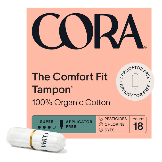 Coras peach packaging for Organic Cotton Applicator Free Tampons features The Comfort Fit Tampon, highlighting eco-friendly period care with 100% Organic Cotton. The 18-count pack emphasizes a pesticide, chlorine, and dye-free formula, with a single wrapped tampon also displayed.