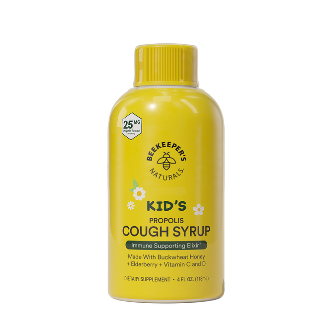 A 4 fl oz (118 mL) yellow bottle of Beekeepers Naturals Kids Propolis Cough Syrup provides clean immune support with buckwheat honey, elderberry, plus vitamins C and D.