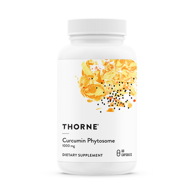 White bottle of Thornes Curcumin Phytosome dietary supplement, 1000 mg, features an abstract orange and black splash on the label. Supports healthy inflammatory response and reduces joint stiffness. Includes 60 capsules.