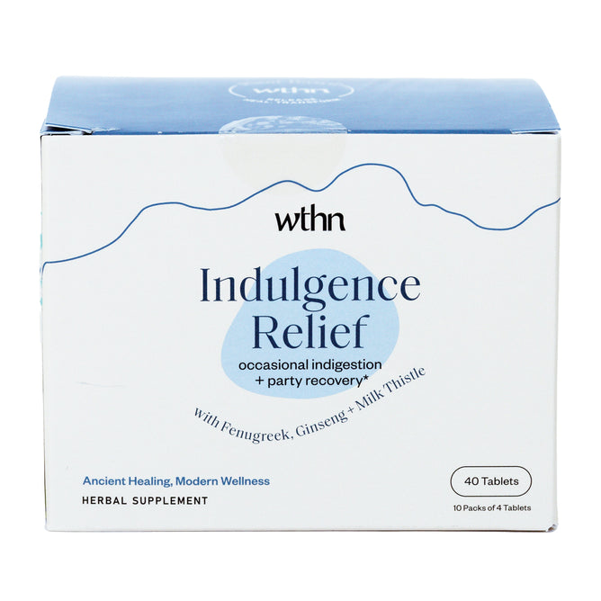 Box of WTHNs Indulgence Relief tablets for occasional indigestion and party recovery. Contains 40 tablets with fenugreek, ginseng, milk thistle, and Chinese herbs for liver detox. Labeled Ancient Healing, Modern Wellness.