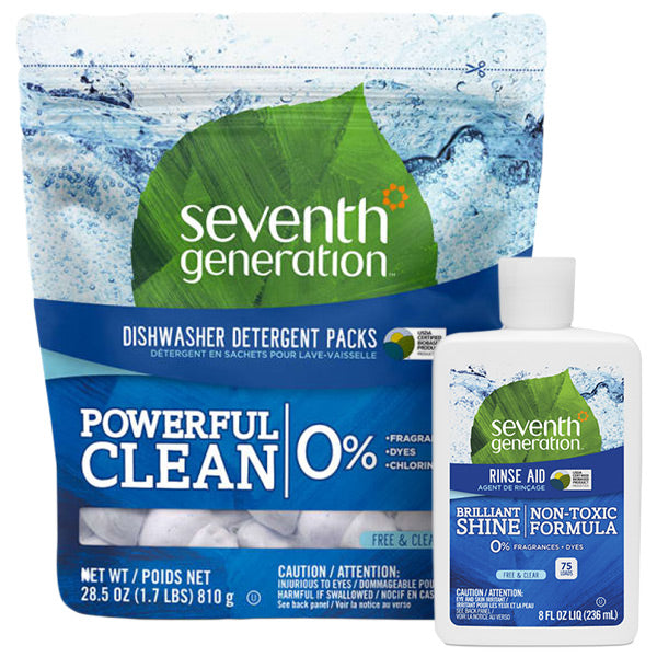 The Auto Dish Pack & Rinse Aid Set by Seventh Generation pairs fragrance-free, dye-free, and phosphate-free detergent packs with a non-toxic shine formula rinse aid.