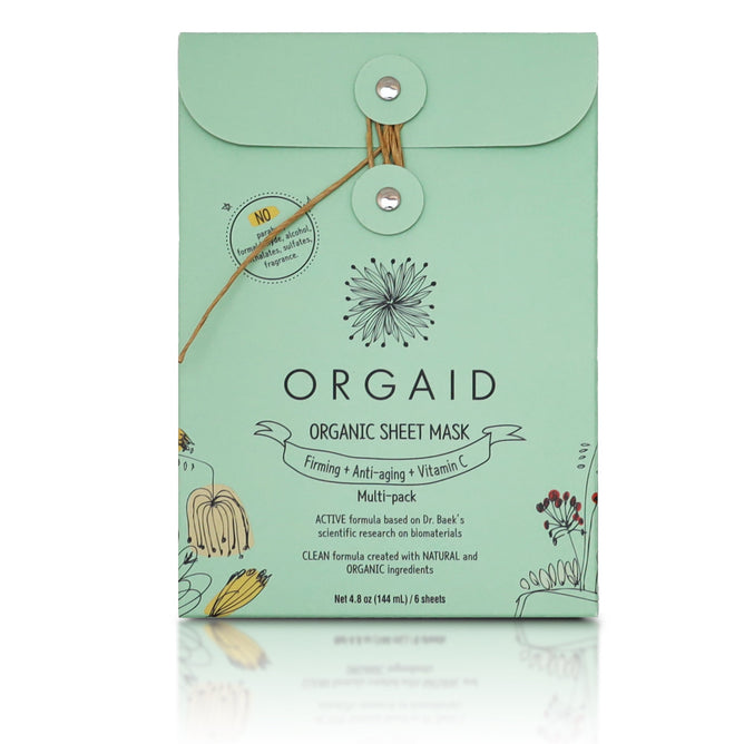 The ORGAID Organic Sheet Mask Multi-Pack in green packaging with floral designs emphasizes firming and anti-aging benefits with Vitamin C, uses natural ingredients, features a string closure, and offers an enhanced skincare experience with Ecoderma fabric.