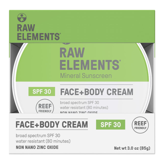 Raw Elements Face + Body SPF 30 provides broad spectrum protection, is water-resistant for 80 minutes, and reef-friendly. Made with non-nano zinc oxide and natural ingredients, it comes in a 3 oz (85g) container.