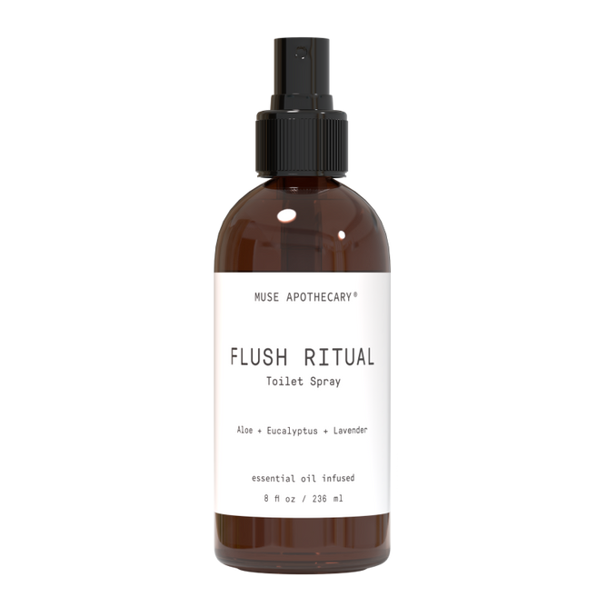 The Muse Apothecary Toilet Spray offers a refined bathroom experience with its 8 fl oz brown bottle featuring a black nozzle. It contains an essential oil-infused plant-based blend of aloe, eucalyptus, and lavender.