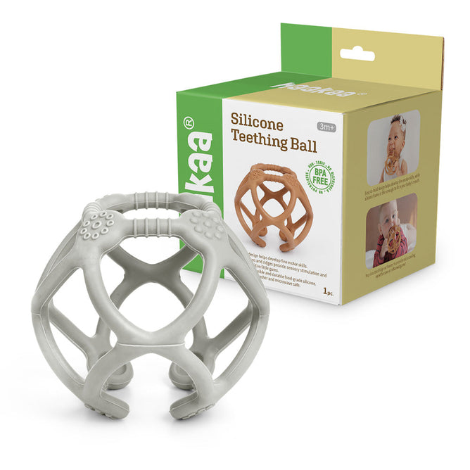 The Haakaa 100% Food Grade Silicone Teething Ball, designed for ages 3 months and up, features a geometric shape. Its packaging shows a baby enjoying the FDA-approved, BPA-free teether.