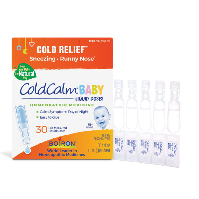 Boirons ColdCalm Baby offers homeopathic cold relief for children 6 months and older, featuring five single-use vials (0.34 fl. oz. each) to ease sneezing and runny noses, making it a trusted option in childrens cold medicine.
