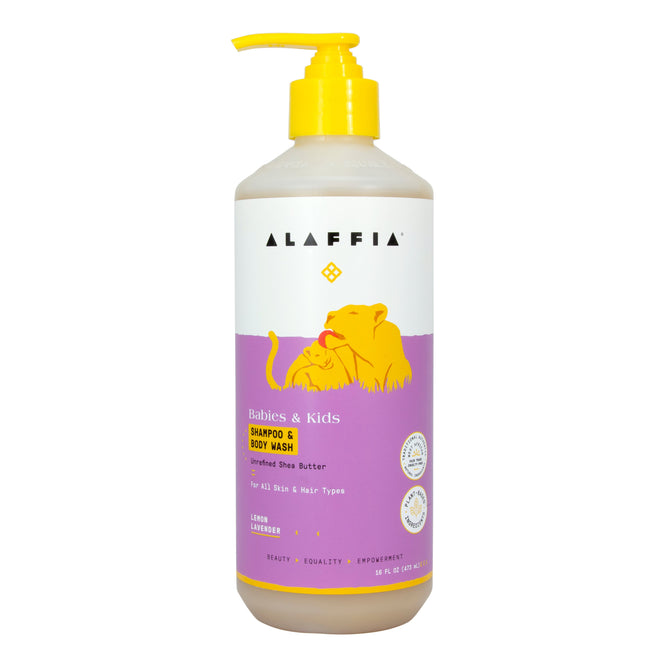 Alaffia Kids Shampoo & Body Wash features a lion and cub on its purple label and contains naturally-derived ingredients like unrefined shea butter. It is suitable for all skin and hair types, offering a refreshing lemon lavender scent.