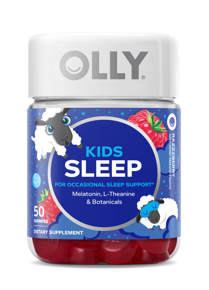 A jar of OLLY Kids Sleep gummies with a purple label featuring cartoon sheep and stars contains 50 razzberry-flavored gummies. It includes melatonin, L-Theanine, and botanicals to naturally aid restful sleep in children.