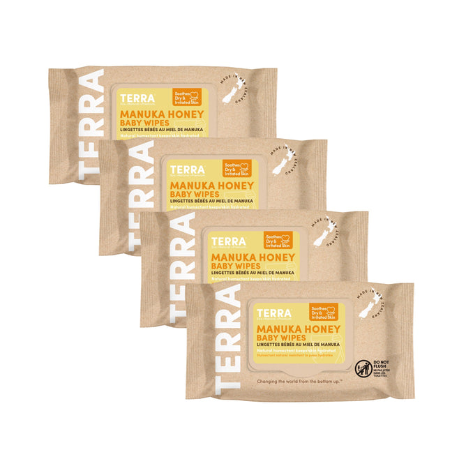 Four packs of beige Terra Baby Wipes - Manuka Honey, suited for sensitive skin, are in two rows. Each pack features a yellow label touting MG650+ Manuka Honey, made in New Zealand, emphasizing natural and eco-friendly attributes.