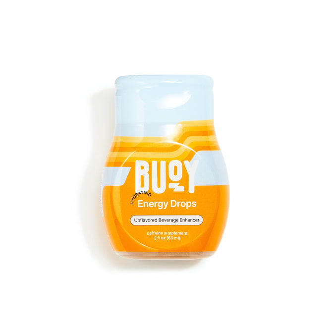 The Buoy Hydration Energy Drops, featuring a vibrant yellow and orange label, are unflavored enhancers packed with caffeine and electrolytes. This compact 2 fl oz (60 ml) bottle is ideal for boosting energy on the go.