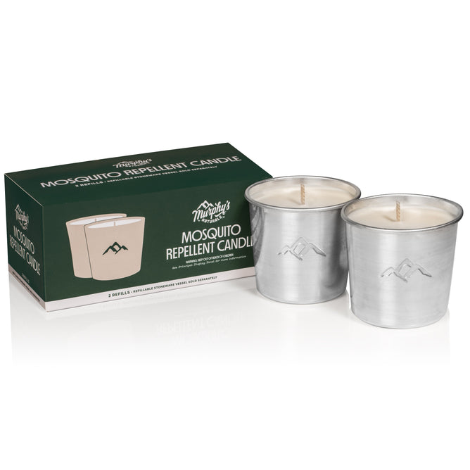 Box labeled Mosquito Repellent Candle Refill from Murphys Naturals features two silver candle holders with mountain logos. The minimalist design highlights its DEET-free formula with essential oils, set against a clean white background.