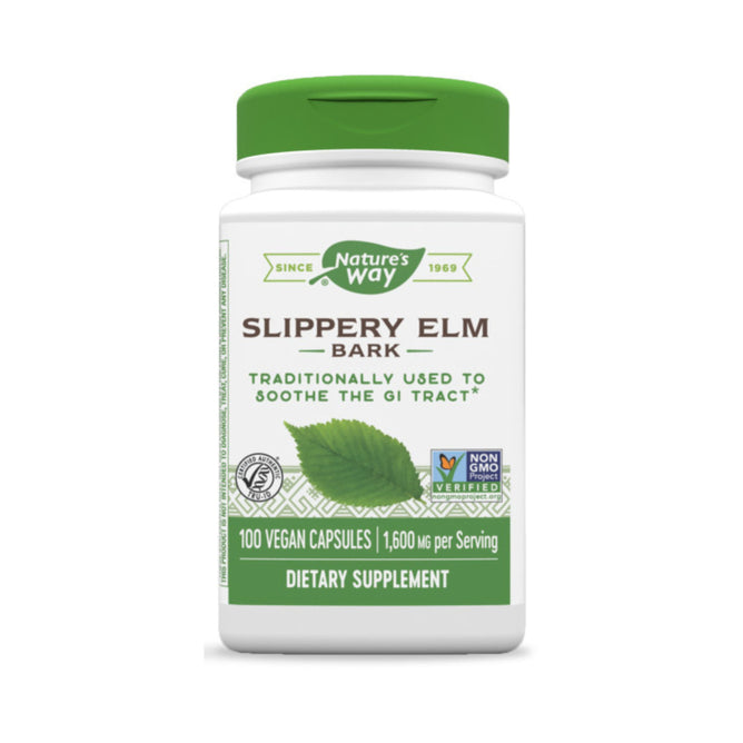Natures Ways Slippery Elm Bark - To Soothe the GI Tract offers a non-GMO verified formula, with 100 vegan capsules providing 1,600 mg per serving to ease the gastrointestinal tract.