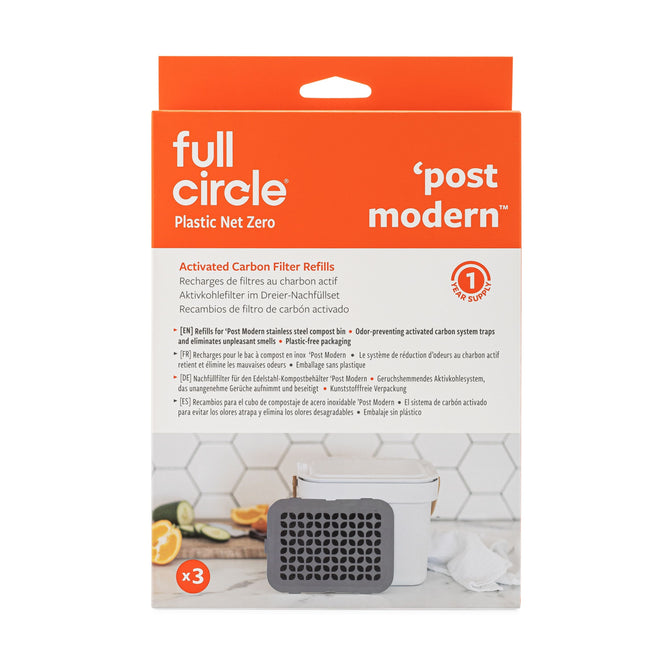 The image shows a box of Full Circles Post Modern Activated Carbon Filter Refills in orange and white packaging, featuring an odor-preventing activated carbon system, Plastic Net Zero branding, recycling symbols, and more details.