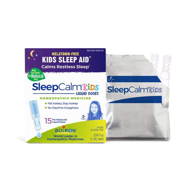 Boirons SleepCalm Kids offers a melatonin-free sleep aid for children, featuring 15 pre-measured, plant-based doses. The packaging highlights natural elements and reflects the trusted Boiron brand.