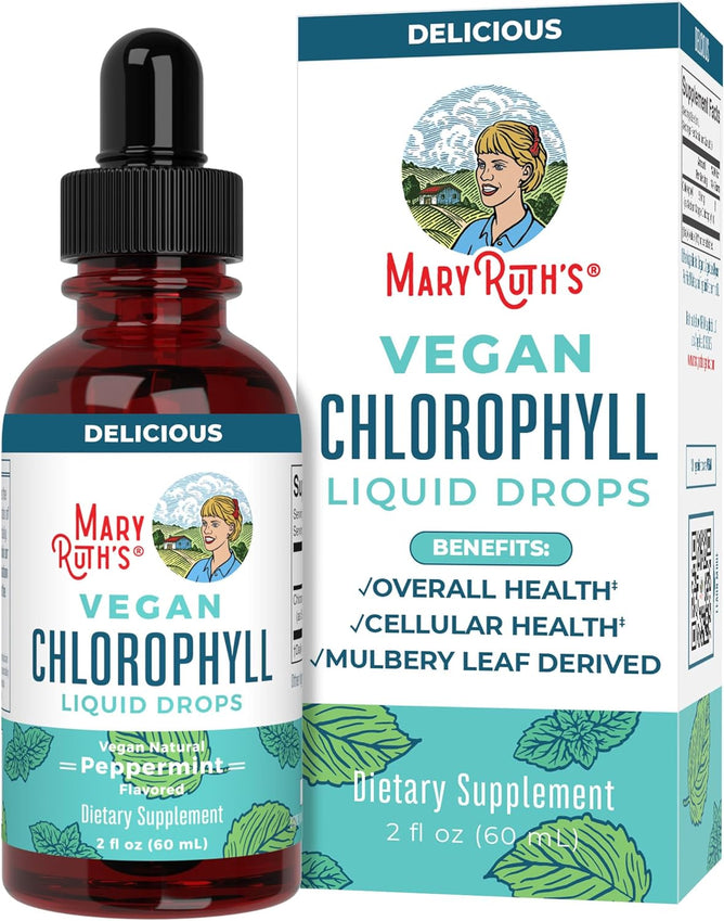 A 2 fl oz bottle of MaryRuths Vegan Liquid Chlorophyll Drops is displayed in front of its box, highlighting peppermint flavor and promoting detoxification for overall and cellular health.