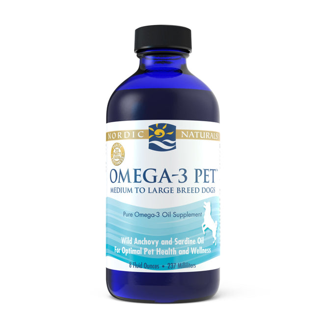 Nordic Naturals Omega-3 Pet supplement, for medium to large dogs, comes in an 8 oz (237 ml) blue bottle and features sustainably sourced wild anchovy and sardine oil to ensure a rich supply of omega-3s.