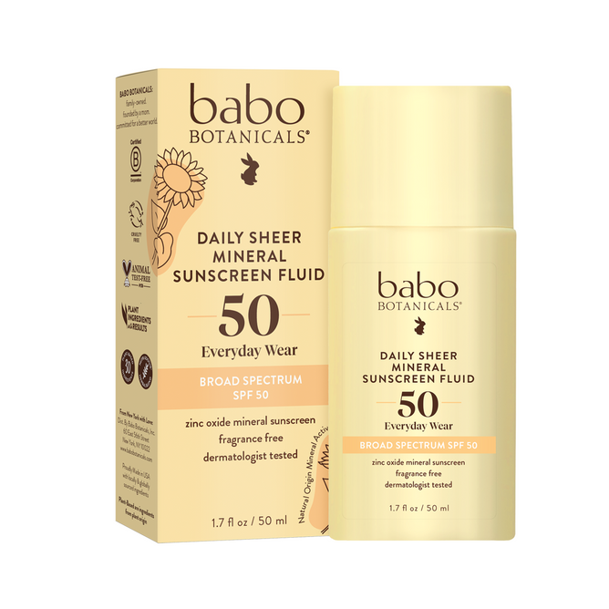 The Babo Botanicals Daily Sheer Fluid Mineral Sunscreen - SPF 50 provides fragrance-free, broad-spectrum protection. This dermatologist-tested formula comes in a yellow bottle containing 1.7 fl oz (50 ml) of effective sunscreen.