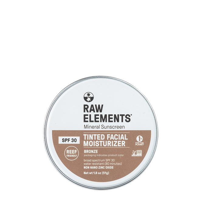 The Raw Elements Tinted Tin Bronze is a reef-friendly SPF 30 mineral sunscreen and facial moisturizer in a recyclable tin. It features non-nano zinc oxide, natural ingredients, and bronze packaging to reflect its color. Net weight: 1.8 oz (51g).
