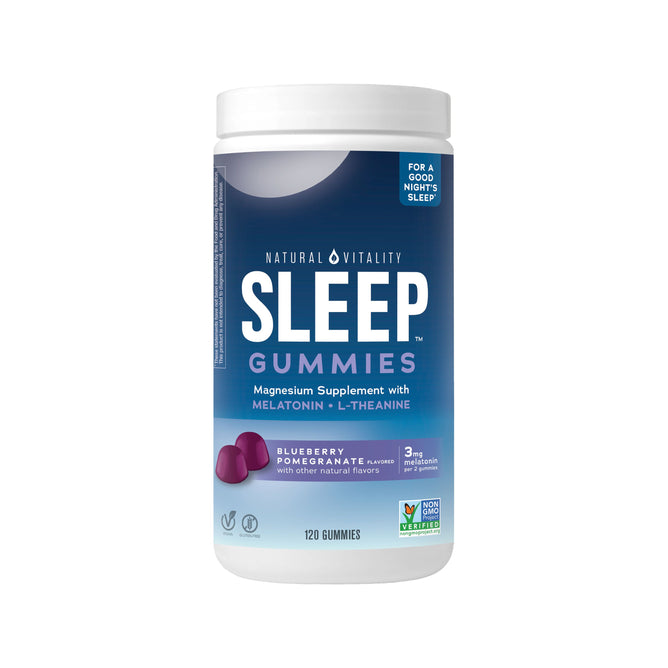Natural Vitality CALM SLEEP Magnesium Supplement Gummies come in a white container with a blue label, offering sleep support with melatonin, magnesium, L-theanine, and a blueberry pomegranate flavor. The non-GMO container holds 120 gummies.