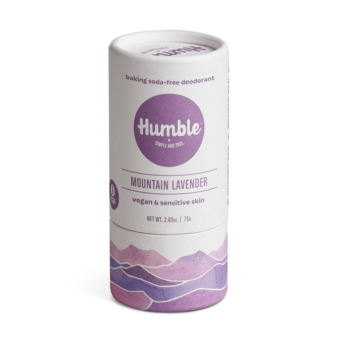 Humble Brands Vegan & Sensitive Skin Deodorant in Mountain Lavender comes in cylindrical, plastic-free packaging with purple mountain designs. Its vegan, baking soda- and aluminum-free, perfect for sensitive skin. Net weight: 2.65 oz (75g).